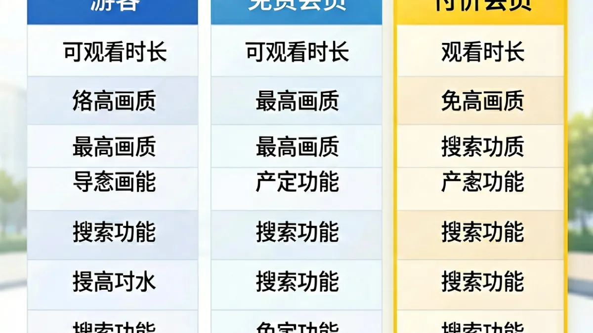 .17C.COM羞羞视频会员权限对比图，展示游客、免费会员与付费会员在视频时长与画质方面的差异